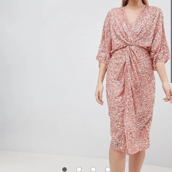 ASOS Sz 20W Curve Twist Front Light Blue Sequin Midi Dress - Picture 7 of 8